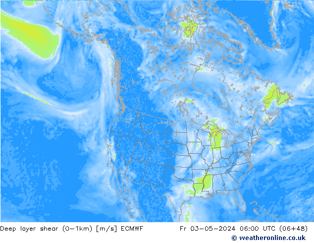 Deep layer shear (0-1km) ECMWF Fr 03.05.2024 06 UTC