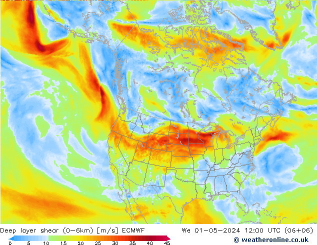 Deep layer shear (0-6km) ECMWF Mi 01.05.2024 12 UTC