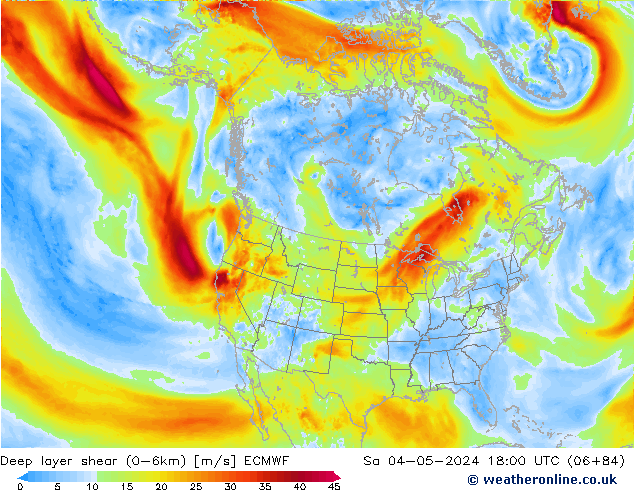 Deep layer shear (0-6km) ECMWF Sa 04.05.2024 18 UTC