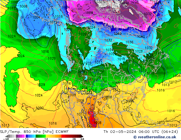 SLP/Temp. 850 hPa ECMWF Čt 02.05.2024 06 UTC