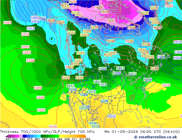 Thck 700-1000 hPa ECMWF We 01.05.2024 06 UTC