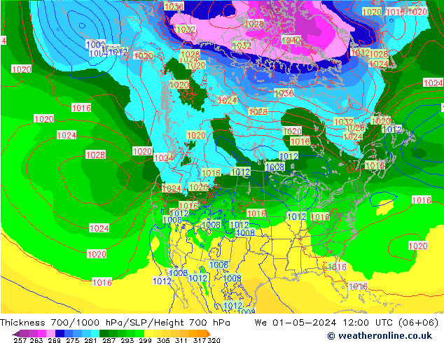 Schichtdicke 700-1000 hPa ECMWF Mi 01.05.2024 12 UTC