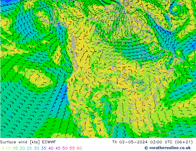 Vento 10 m ECMWF gio 02.05.2024 03 UTC