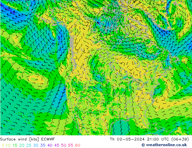 wiatr 10 m ECMWF czw. 02.05.2024 21 UTC