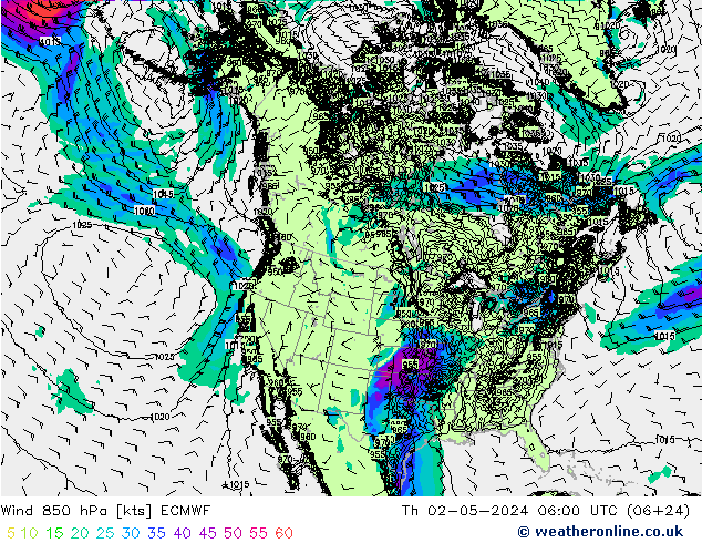 Wind 850 hPa ECMWF Čt 02.05.2024 06 UTC