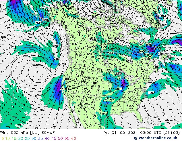 Vento 950 hPa ECMWF mer 01.05.2024 09 UTC