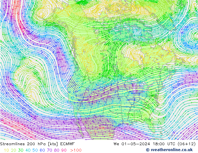 Linea di flusso 200 hPa ECMWF mer 01.05.2024 18 UTC