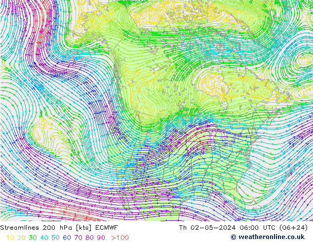 Streamlines 200 hPa ECMWF Čt 02.05.2024 06 UTC