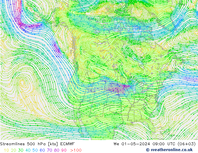 Streamlines 500 hPa ECMWF St 01.05.2024 09 UTC