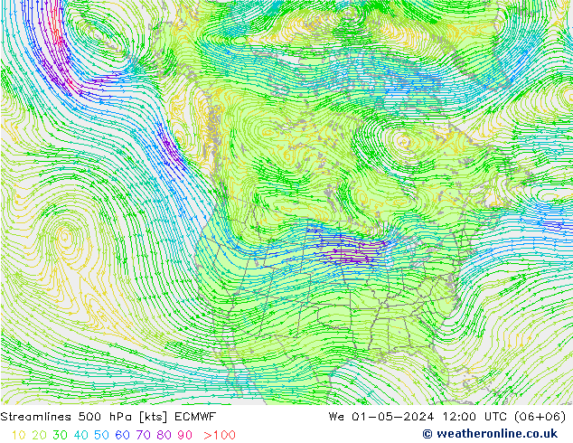 Streamlines 500 hPa ECMWF We 01.05.2024 12 UTC