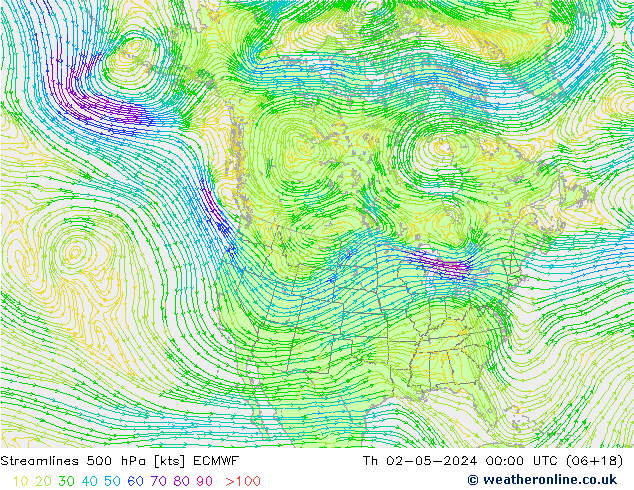 Linha de corrente 500 hPa ECMWF Qui 02.05.2024 00 UTC