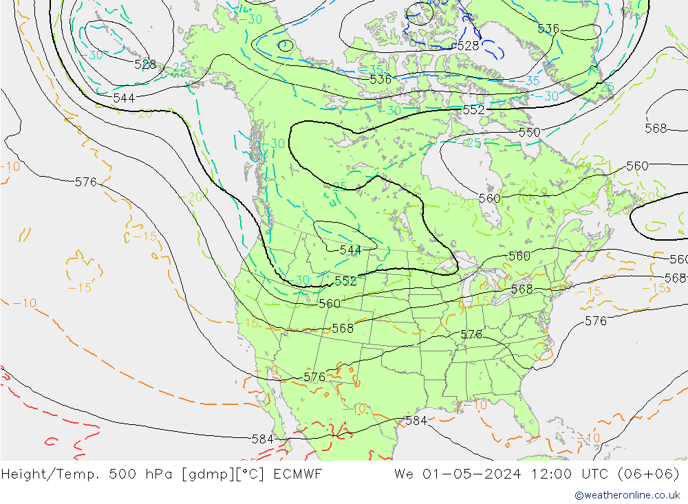 Z500/Rain (+SLP)/Z850 ECMWF Mi 01.05.2024 12 UTC