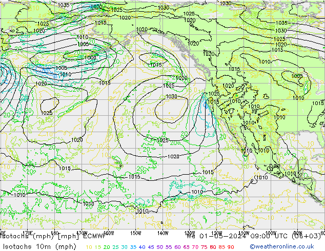 Isotachs (mph) ECMWF We 01.05.2024 09 UTC