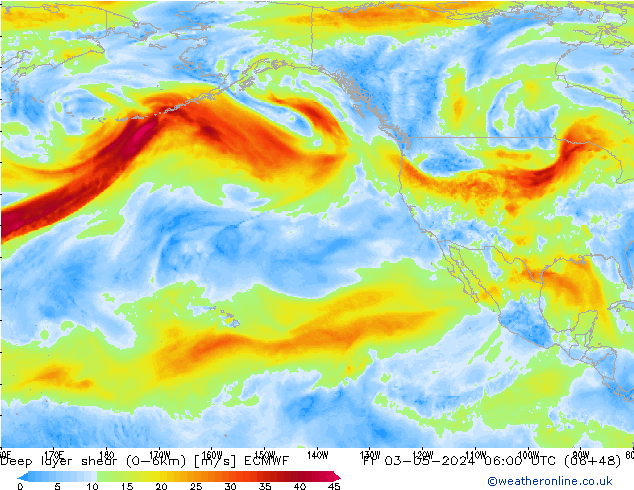 Deep layer shear (0-6km) ECMWF Fr 03.05.2024 06 UTC