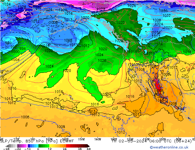 SLP/Temp. 850 hPa ECMWF Th 02.05.2024 06 UTC