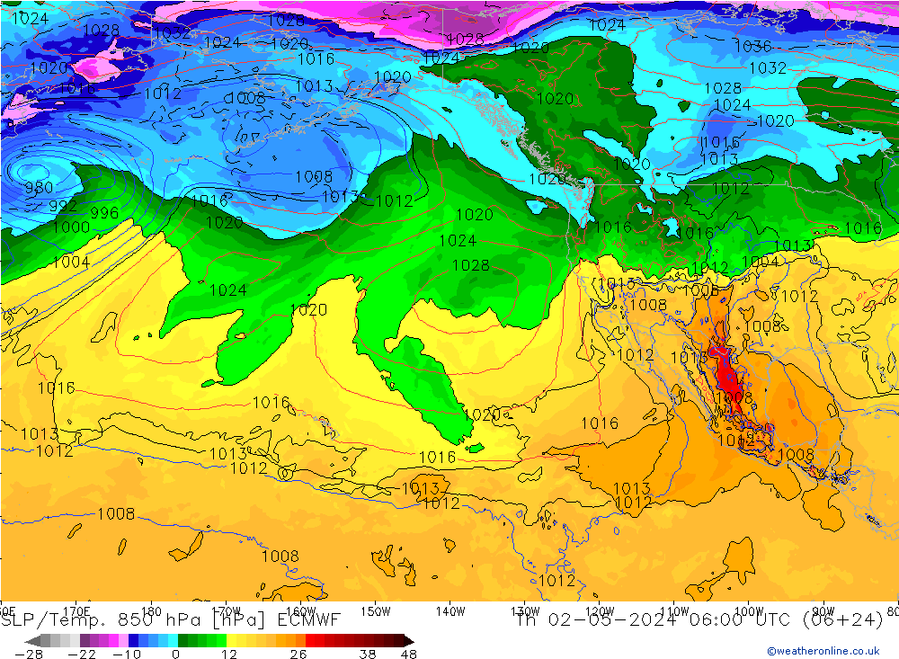 SLP/Temp. 850 hPa ECMWF Th 02.05.2024 06 UTC