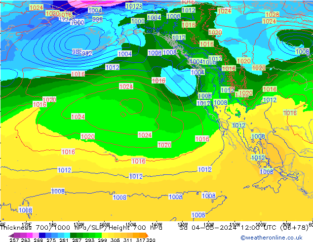 Espesor 700-1000 hPa ECMWF sáb 04.05.2024 12 UTC