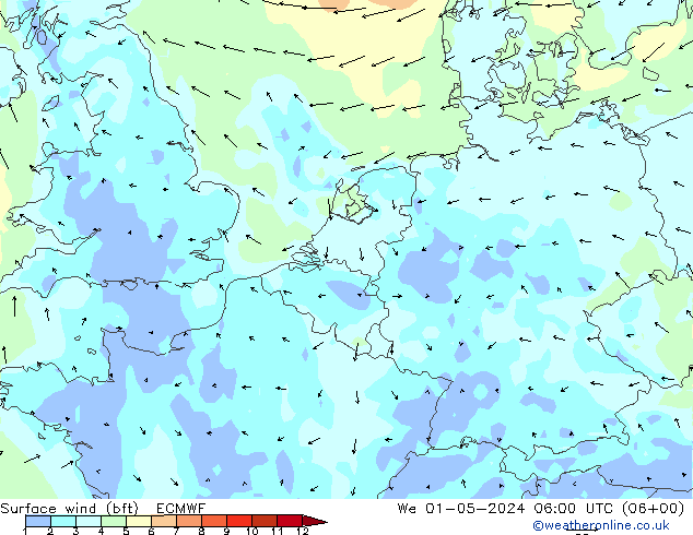 Surface wind (bft) ECMWF We 01.05.2024 06 UTC