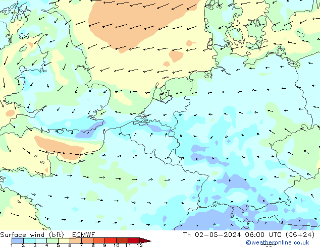 Vento 10 m (bft) ECMWF Qui 02.05.2024 06 UTC