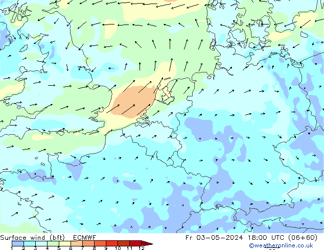 Wind 10 m (bft) ECMWF vr 03.05.2024 18 UTC