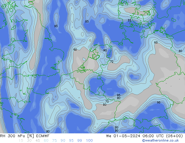 RH 300 hPa ECMWF We 01.05.2024 06 UTC