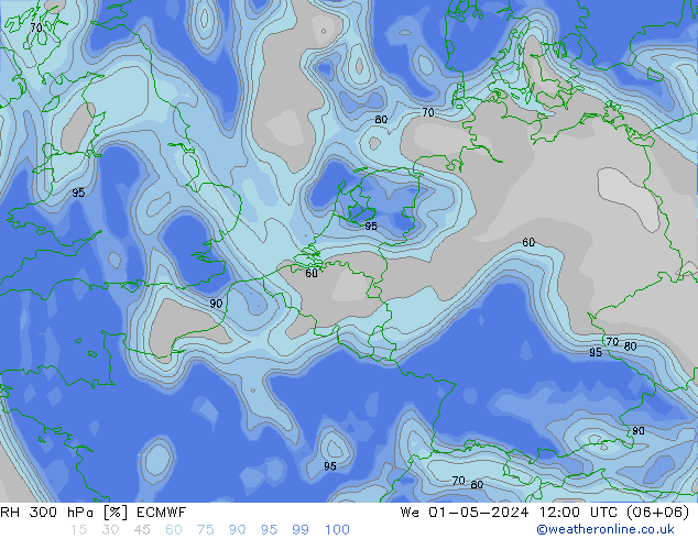 RH 300 гПа ECMWF ср 01.05.2024 12 UTC