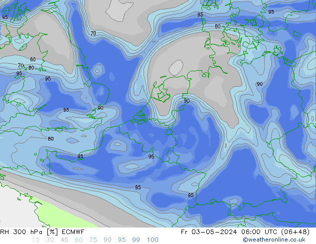 Humidité rel. 300 hPa ECMWF ven 03.05.2024 06 UTC