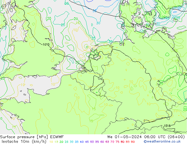 Isotachs (kph) ECMWF mer 01.05.2024 06 UTC