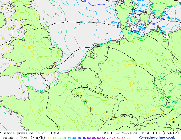 Isotachen (km/h) ECMWF Mi 01.05.2024 18 UTC