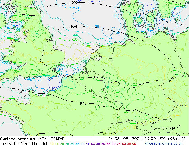 Isotachs (kph) ECMWF  03.05.2024 00 UTC