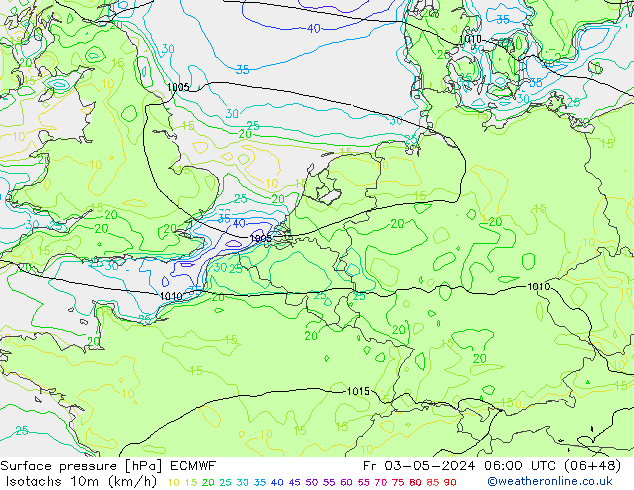 Isotachs (kph) ECMWF ven 03.05.2024 06 UTC