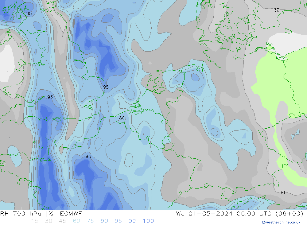 RH 700 hPa ECMWF mer 01.05.2024 06 UTC