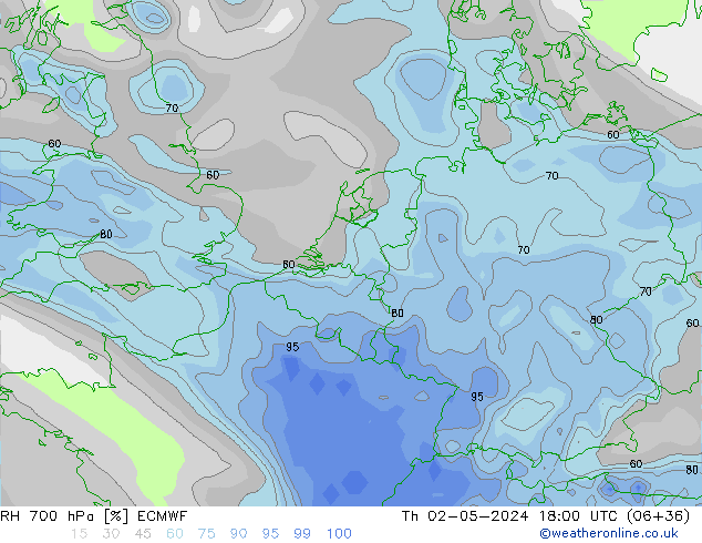 Humidité rel. 700 hPa ECMWF jeu 02.05.2024 18 UTC