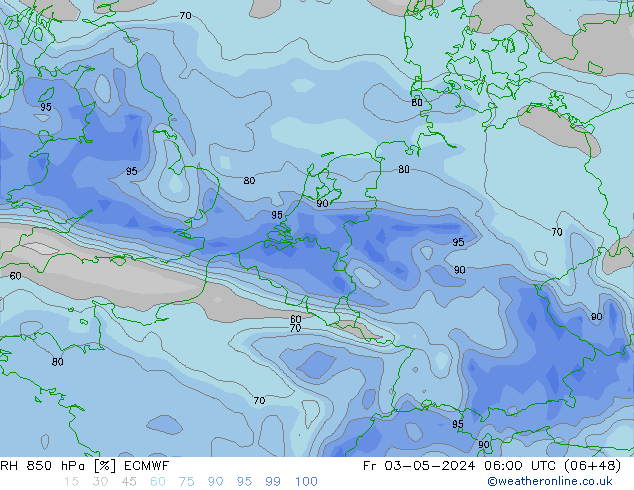 Humidité rel. 850 hPa ECMWF ven 03.05.2024 06 UTC