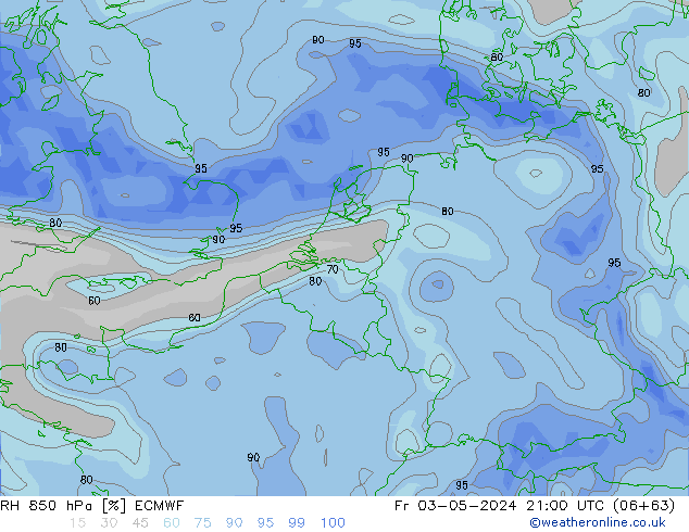 RH 850 гПа ECMWF пт 03.05.2024 21 UTC