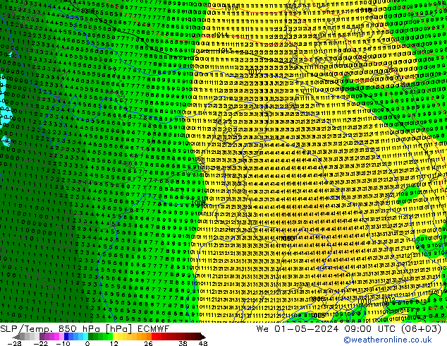 SLP/Temp. 850 hPa ECMWF mer 01.05.2024 09 UTC