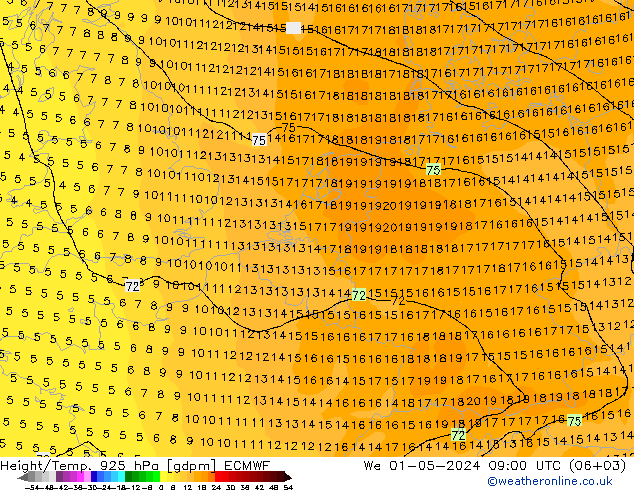 Height/Temp. 925 hPa ECMWF mer 01.05.2024 09 UTC