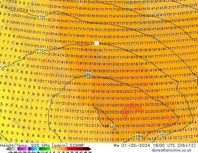 Height/Temp. 925 hPa ECMWF Mi 01.05.2024 18 UTC