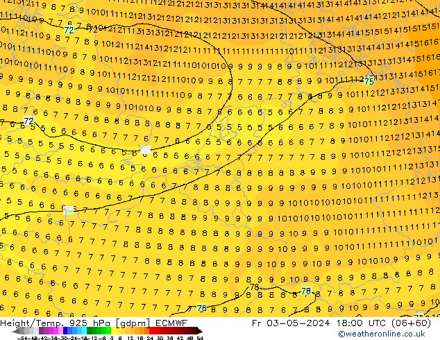 Hoogte/Temp. 925 hPa ECMWF vr 03.05.2024 18 UTC