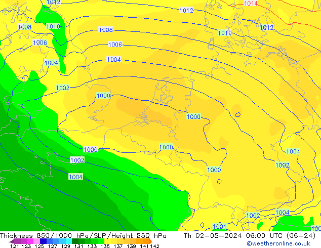 Thck 850-1000 hPa ECMWF Qui 02.05.2024 06 UTC