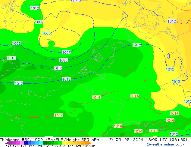 Dikte 850-1000 hPa ECMWF vr 03.05.2024 18 UTC