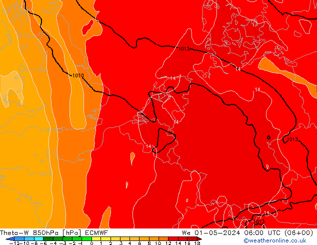 Theta-W 850hPa ECMWF mer 01.05.2024 06 UTC