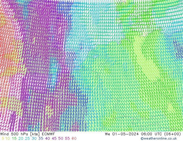 Vento 500 hPa ECMWF mer 01.05.2024 06 UTC