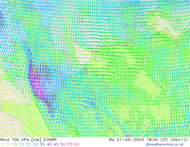 Wind 700 hPa ECMWF Mi 01.05.2024 18 UTC