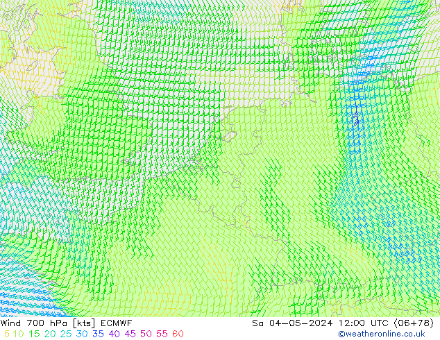 wiatr 700 hPa ECMWF so. 04.05.2024 12 UTC