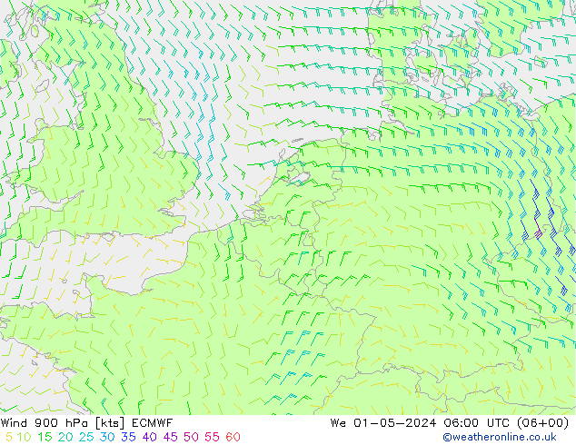 Vento 900 hPa ECMWF mer 01.05.2024 06 UTC