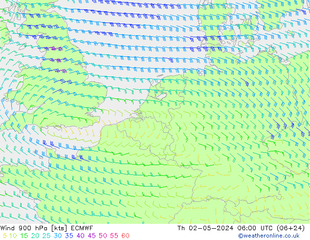 Vento 900 hPa ECMWF Qui 02.05.2024 06 UTC