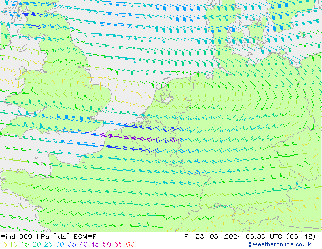 wiatr 900 hPa ECMWF pt. 03.05.2024 06 UTC