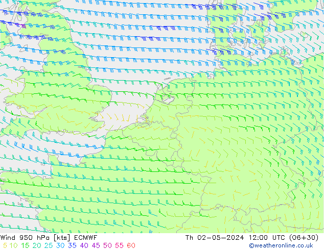 Vento 950 hPa ECMWF Qui 02.05.2024 12 UTC