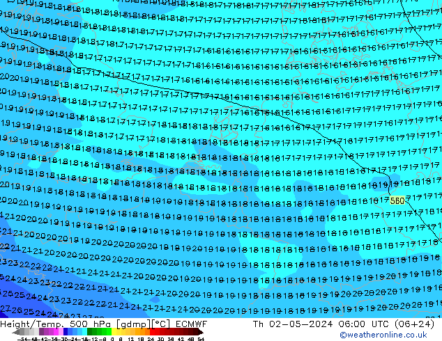 Height/Temp. 500 hPa ECMWF Qui 02.05.2024 06 UTC